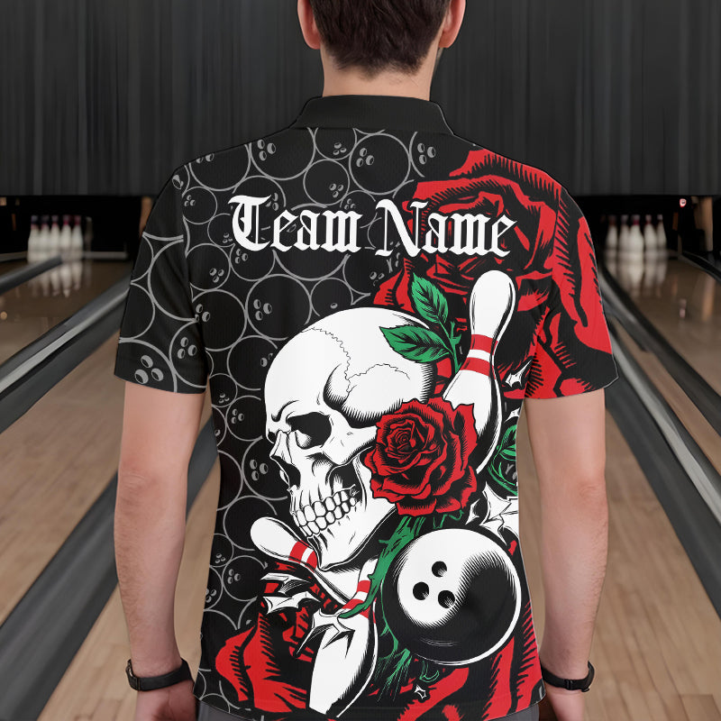 Custom Red Roses And Skull Bowling Polo Shirts For Men, Team Bowling League Shirt IPHW8842