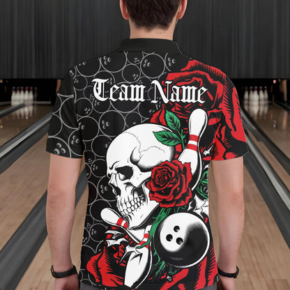 Custom Red Roses And Skull Bowling Polo Shirts For Men, Team Bowling League Shirt IPHW8842
