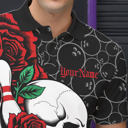 Custom Red Roses And Skull Bowling Polo Shirts For Men, Team Bowling League Shirt IPHW8842