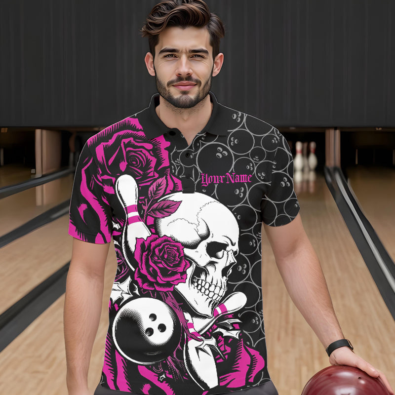 Custom Pink Roses And Skull Bowling Polo Shirts For Men, Team Bowling League Shirt IPHW8843