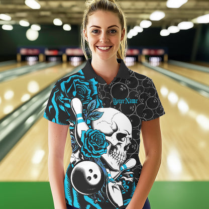Custom Blue Roses And Skull Bowling Polo Shirts For Women, Team Bowling League Shirt IPHW8844