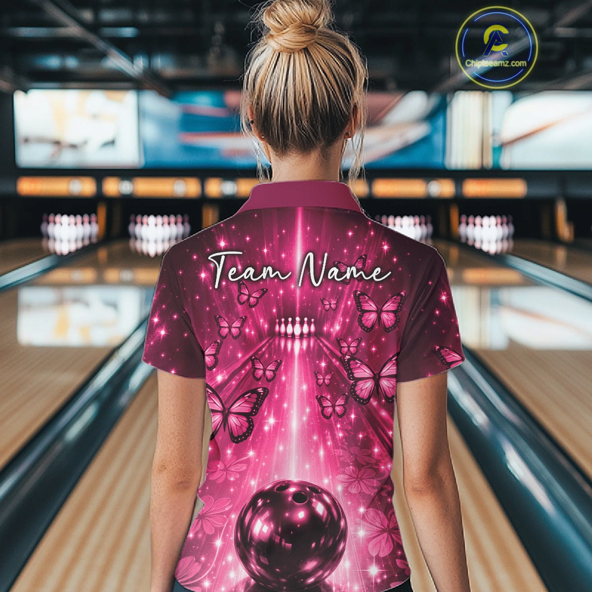 Custom Pink Galaxy Bowling Lane Butterfly Bowling Team Women Polo Shirt IPHW10915
