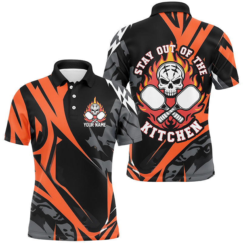 Custom Flame Skull Pickleball Polo Shirts For Men Sayings "Stay Out Of The Kitchen" IPHW6908