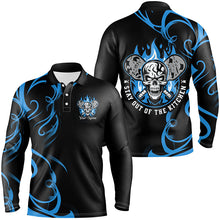 Load image into Gallery viewer, Custom Flame Skull Pickleball Polo Shirts For Men Sayings "Stay Out Of The Kitchen" | Blue IPHW6910