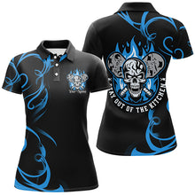 Load image into Gallery viewer, Custom Flame Skull Pickleball Polo Shirts For Women's "Stay Out Of The Kitchen" | Blue IPHW6910