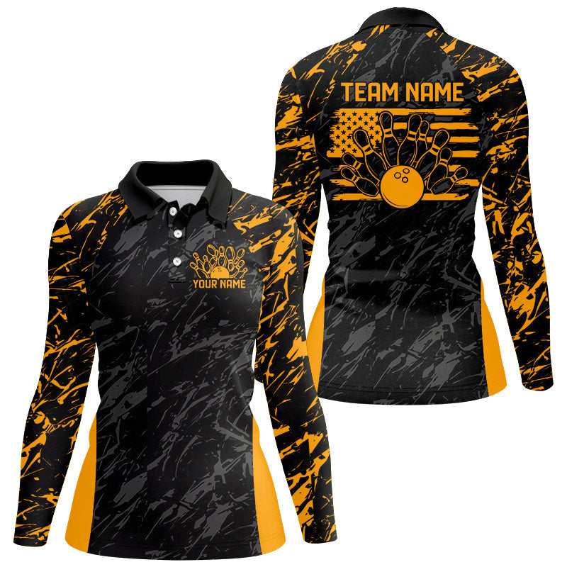 Black And Yellow Camo Custom Patriotic Bowling Shirt Women, American Flag US Bowling Shirt IPHW7915