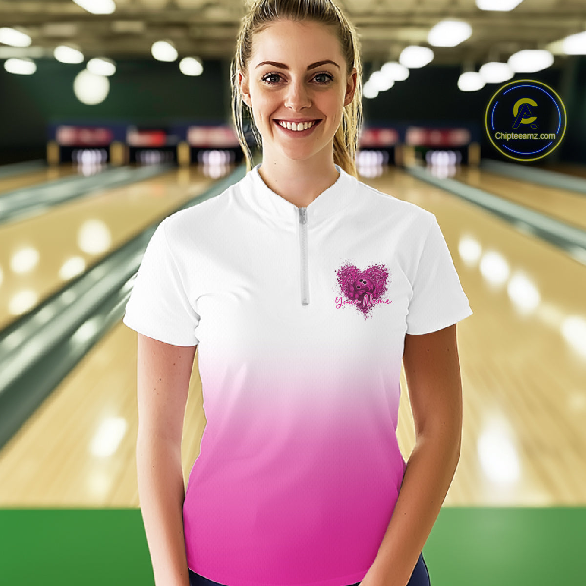 Custom Pink Butterflies Heart Bowling Women Quarter-Zip Shirts, Bowling League Shirt IPHW10235