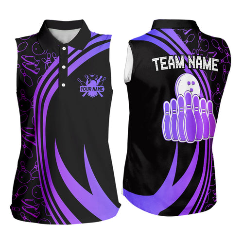 Black Women Sleeveless Polo Shirt Custom Purple neon team league bowling jerseys, gifts for bowlers NQS9667