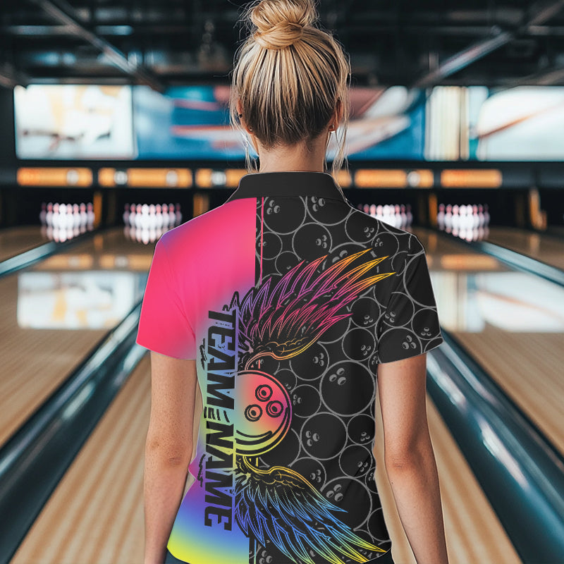 Colorful Rainbow Custom Bowling Tournament Women Polo Shirt, Bowling Ball And Wings Jerseys IPHW8846