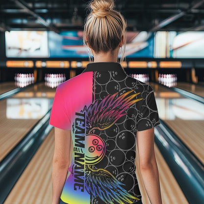 Colorful Rainbow Custom Bowling Tournament Women Polo Shirt, Bowling Ball And Wings Jerseys IPHW8846