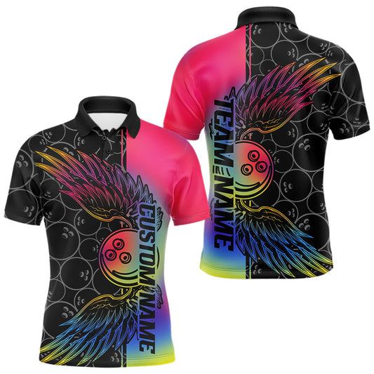 Colorful Rainbow Custom Bowling Tournament Men Polo Shirts, Bowling Ball And Wings Jerseys IPHW8846