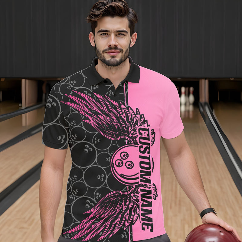 Black And Pink Custom Bowling Tournament Men Polo Shirts, Bowling Ball And Wings Jerseys IPHW8848