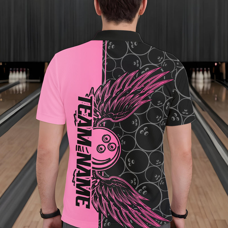 Black And Pink Custom Bowling Tournament Men Polo Shirts, Bowling Ball And Wings Jerseys IPHW8848