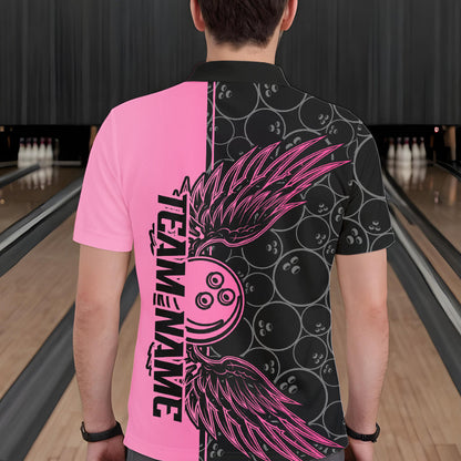 Black And Pink Custom Bowling Tournament Men Polo Shirts, Bowling Ball And Wings Jerseys IPHW8848