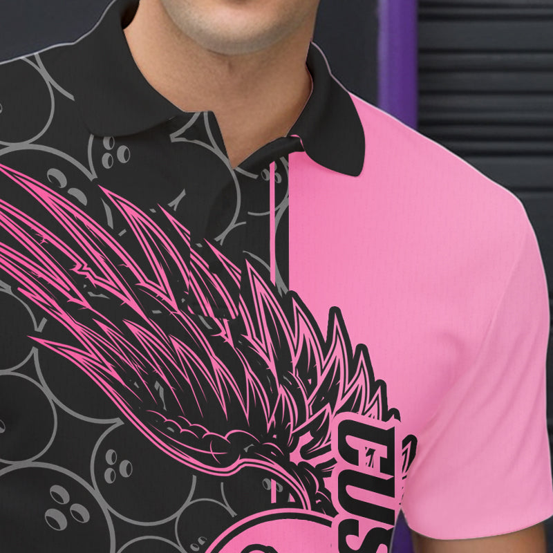 Black And Pink Custom Bowling Tournament Men Polo Shirts, Bowling Ball And Wings Jerseys IPHW8848