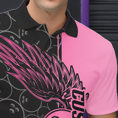 Black And Pink Custom Bowling Tournament Men Polo Shirts, Bowling Ball And Wings Jerseys IPHW8848