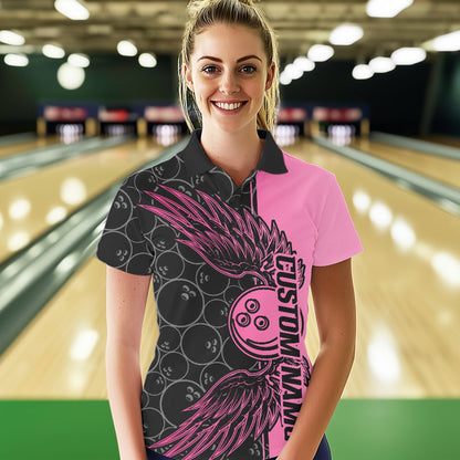 Black And Pink Custom Bowling Tournament Women Polo Shirts, Bowling Ball And Wings Jerseys IPHW8848