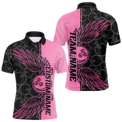 Black And Pink Custom Bowling Tournament Men Polo Shirts, Bowling Ball And Wings Jerseys IPHW8848