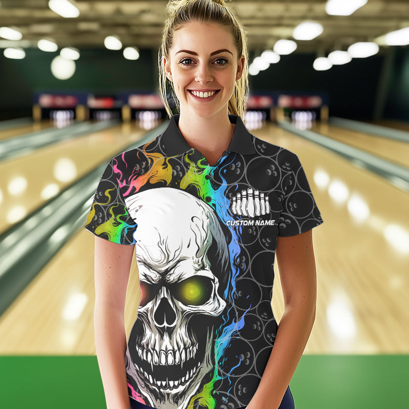 Custom Rainbow Color Flame Skull Bowling Women Polo Shirts, Bowling Team League Shirt IPHW8852