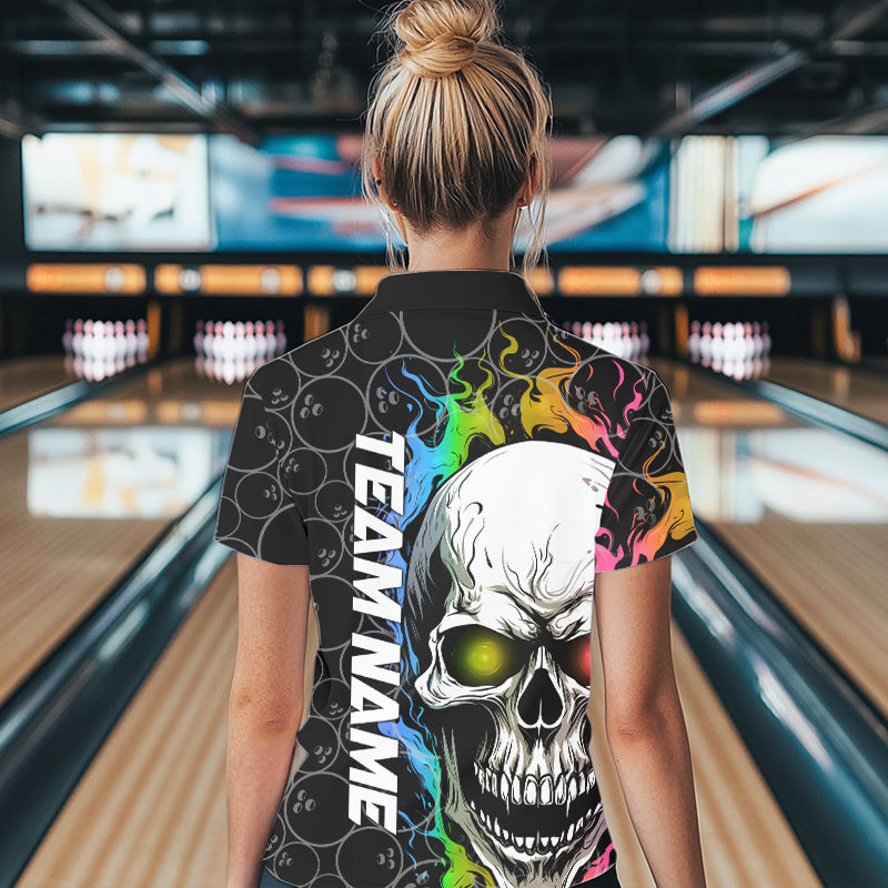 Custom Rainbow Color Flame Skull Bowling Women Polo Shirts, Bowling Team League Shirt IPHW8852