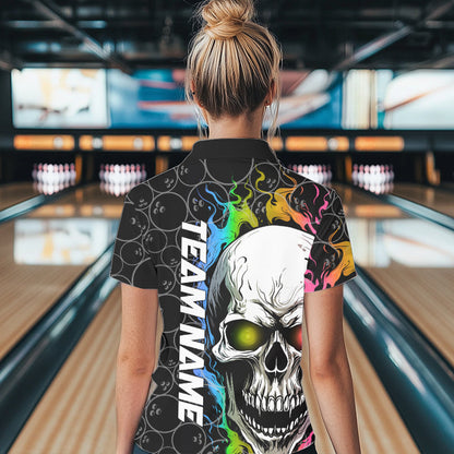Custom Rainbow Color Flame Skull Bowling Women Polo Shirts, Bowling Team League Shirt IPHW8852
