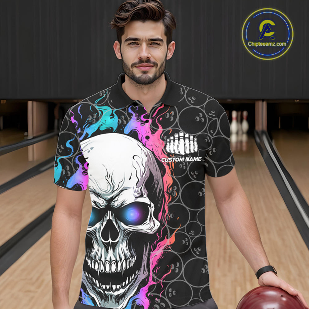 Custom Blue And Pink Flame Skull Bowling Men Polo Shirts, Bowling Pattern Team League Shirt IPHW8853