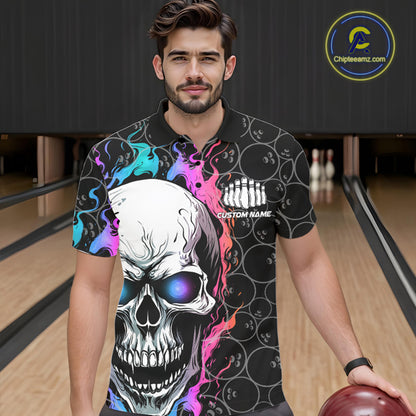 Custom Blue And Pink Flame Skull Bowling Men Polo Shirts, Bowling Pattern Team League Shirt IPHW8853