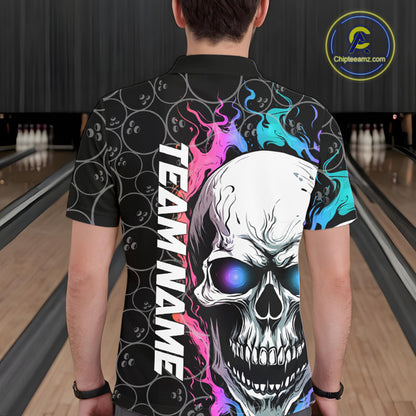 Custom Blue And Pink Flame Skull Bowling Men Polo Shirts, Bowling Pattern Team League Shirt IPHW8853