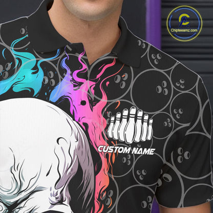 Custom Blue And Pink Flame Skull Bowling Men Polo Shirts, Bowling Pattern Team League Shirt IPHW8853