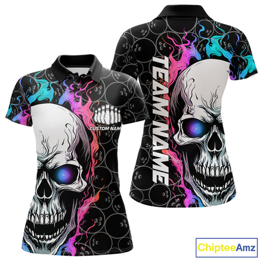 Custom Blue And Pink Flame Skull Bowling Women Polo Shirts, Bowling Team League Shirt IPHW8853