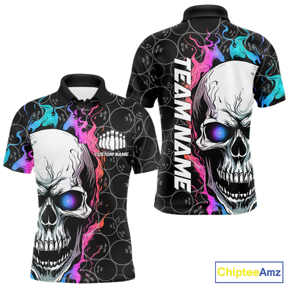 Custom Blue And Pink Flame Skull Bowling Men Polo Shirts, Bowling Pattern Team League Shirt IPHW8853