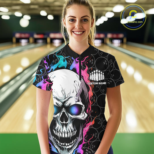 Custom Blue And Pink Flame Skull Bowling Women Quarter-Zip Shirt, Bowling Team League Shirt IPHW8853