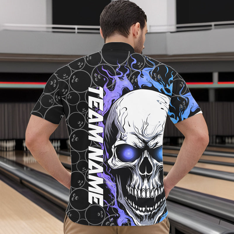 Custom Blue And Purple Flame Skull Bowling Men Quarter-Zip Shirts, Bowling Team League Shirt IPHW8854