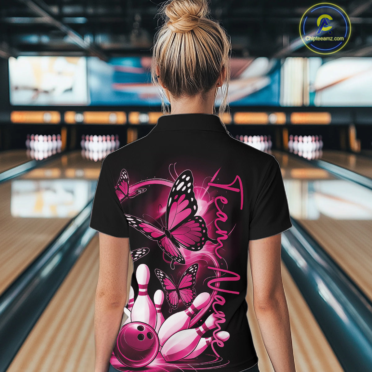 Custom Pink Butterfly Bowling Women Quarter-Zip Shirts With Team Name, Bowling Uniform IPHW10945