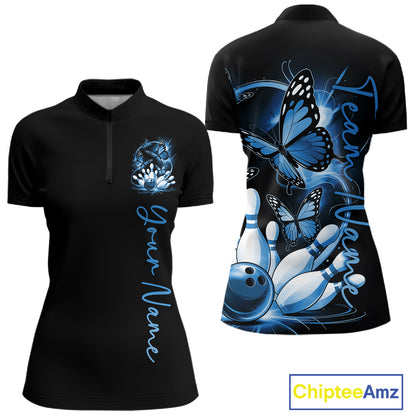 Custom Purple Butterfly Bowling Women Quarter-Zip Shirts With Team Name, Bowling Uniform IPHW10948