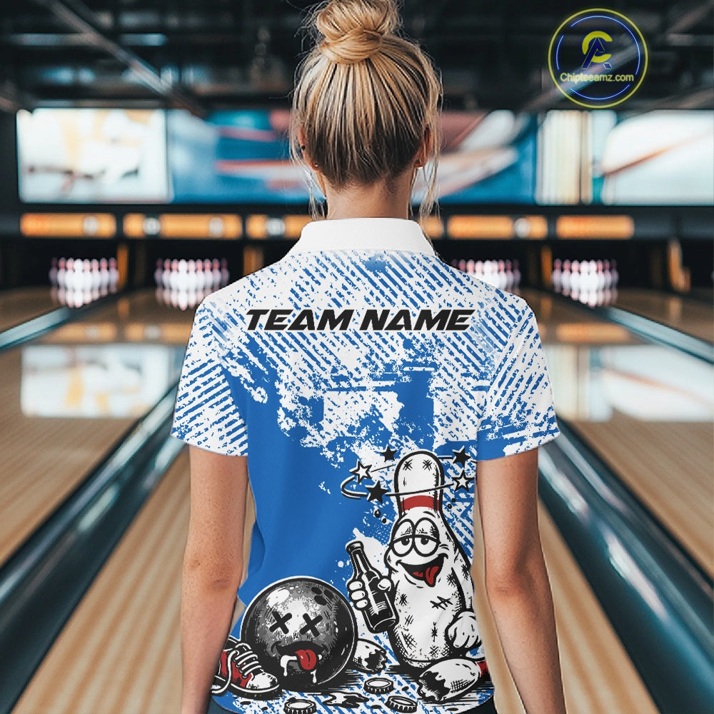 Back view of a female bowler wearing a blue and white polo shirt, grunge-style drunk bowling pin illustration with beer and ball.