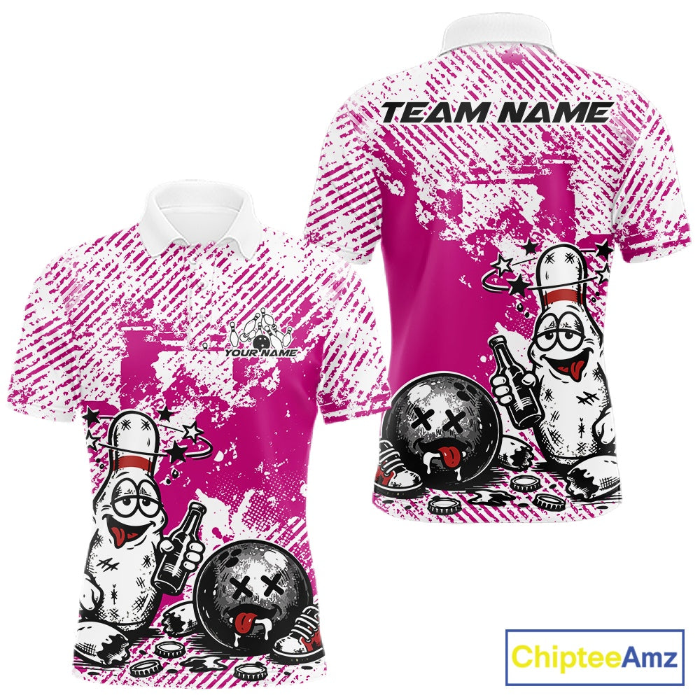 Front and back view of a men’s polo shirt mockup in pink and white, featuring drunk cartoon bowling pin holding beer bottle and bowling ball with grunge texture.