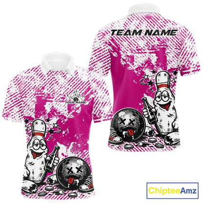 Front and back view of a men’s polo shirt mockup in pink and white, featuring drunk cartoon bowling pin holding beer bottle and bowling ball with grunge texture.