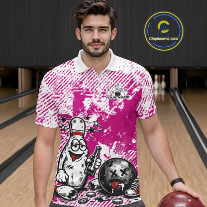 Male model in a bowling lane wearing a pink and white polo shirt, playful drunk bowling pin illustration with beer bottle and bowling ball.