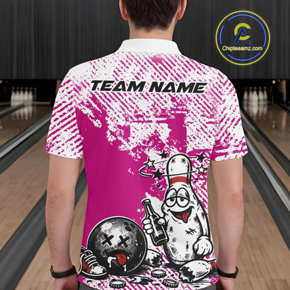 Back view of a male bowler wearing a pink and white polo shirt, grunge-style humorous bowling pin artwork holding beer bottle and bowling ball.