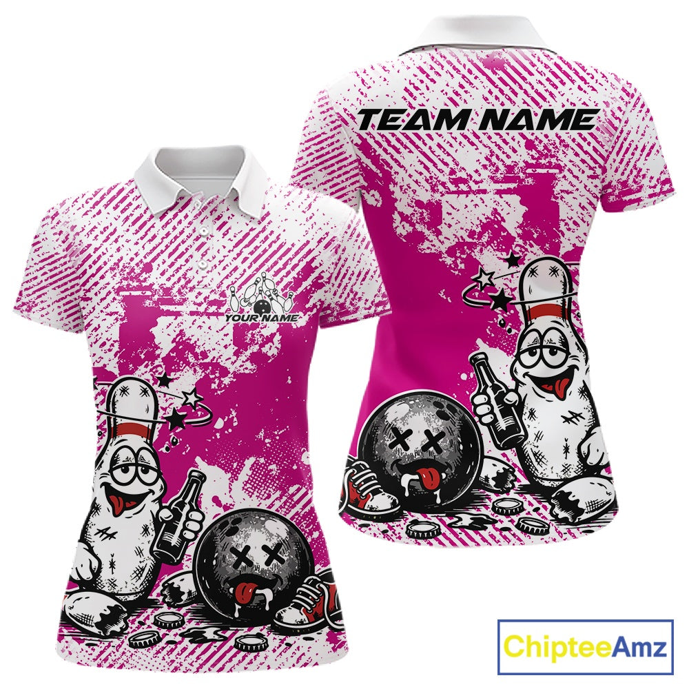 Front and back view of a women’s polo shirt mockup in pink and white, featuring drunk cartoon bowling pin holding beer bottle and bowling ball.