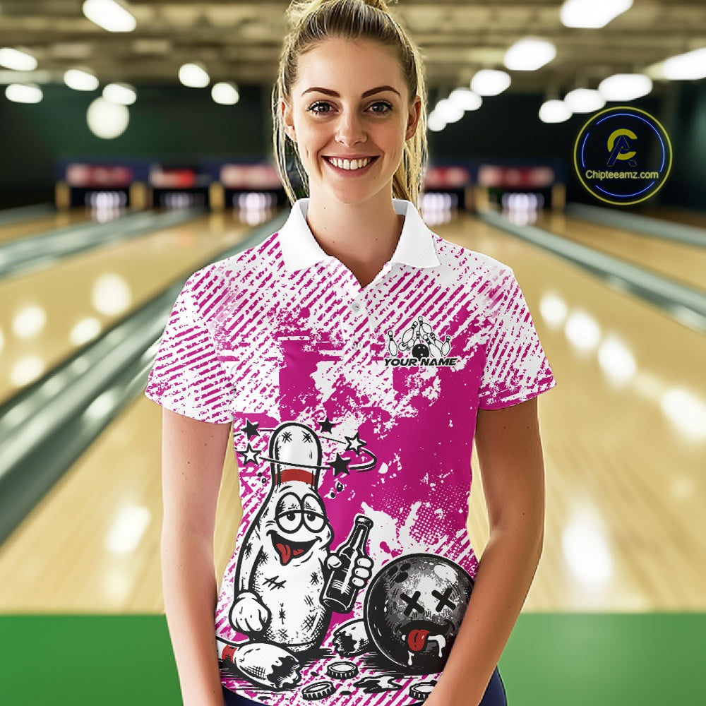 Female model in a bowling lane wearing a pink and white polo shirt, playful drunk bowling pin illustration with beer bottle and bowling ball.