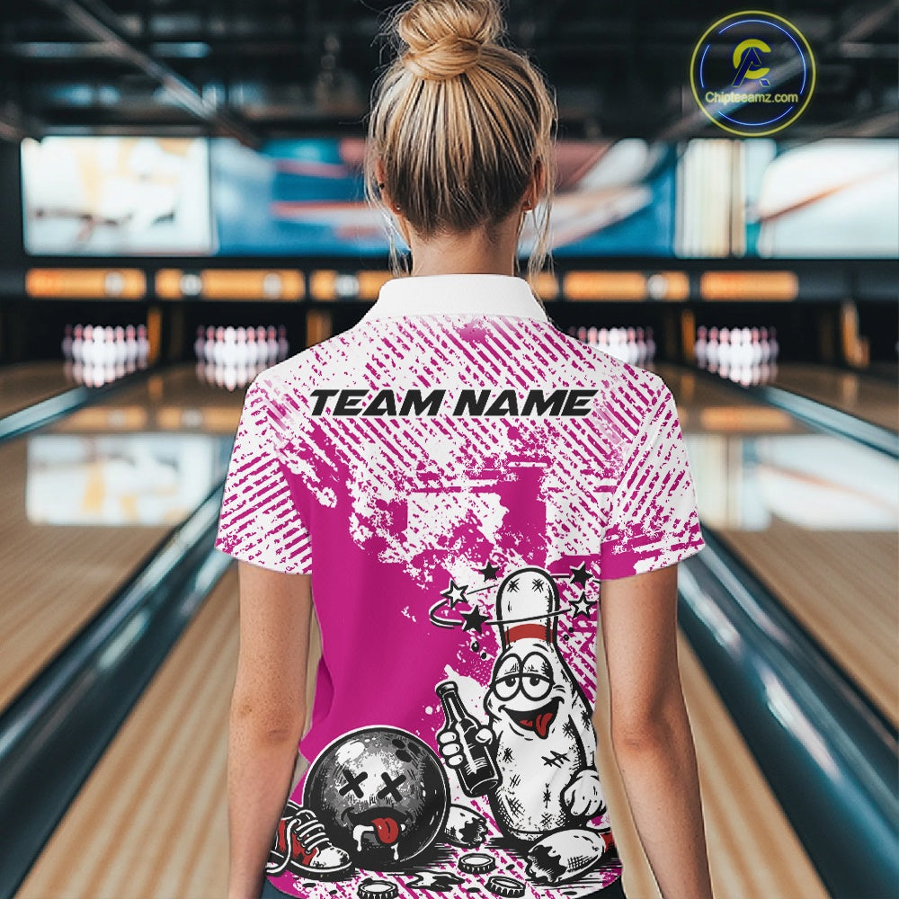 Back view of a female model wearing a pink and white bowling polo shirt, grunge humorous bowling pin artwork holding beer and ball.