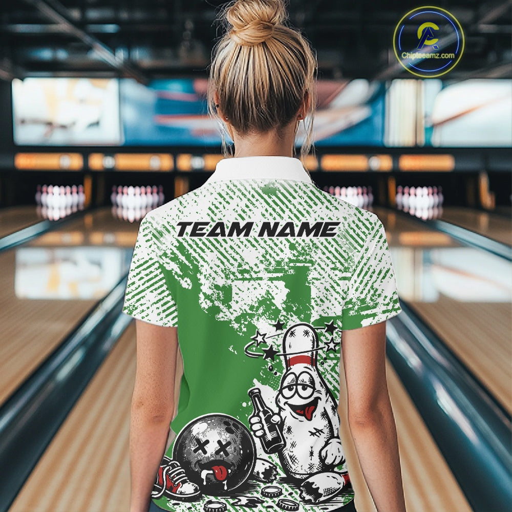Back view of a female bowler wearing a green and white polo shirt, grunge-style humorous bowling pin illustration with beer bottle and ball.