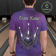 Load image into Gallery viewer, Person wearing a purple bowling-themed shirt with 'Team Name' text in a bowling alley.