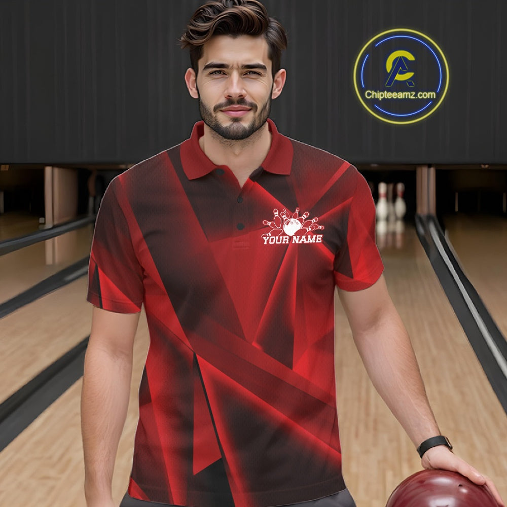 Man in a red bowling shirt with a logo on a bowling alley background
