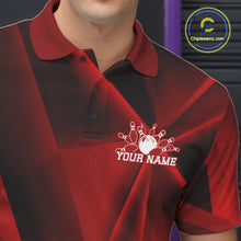 Load image into Gallery viewer, Red and black polo shirt with bowling design and 'Your Name' text on a blurred background