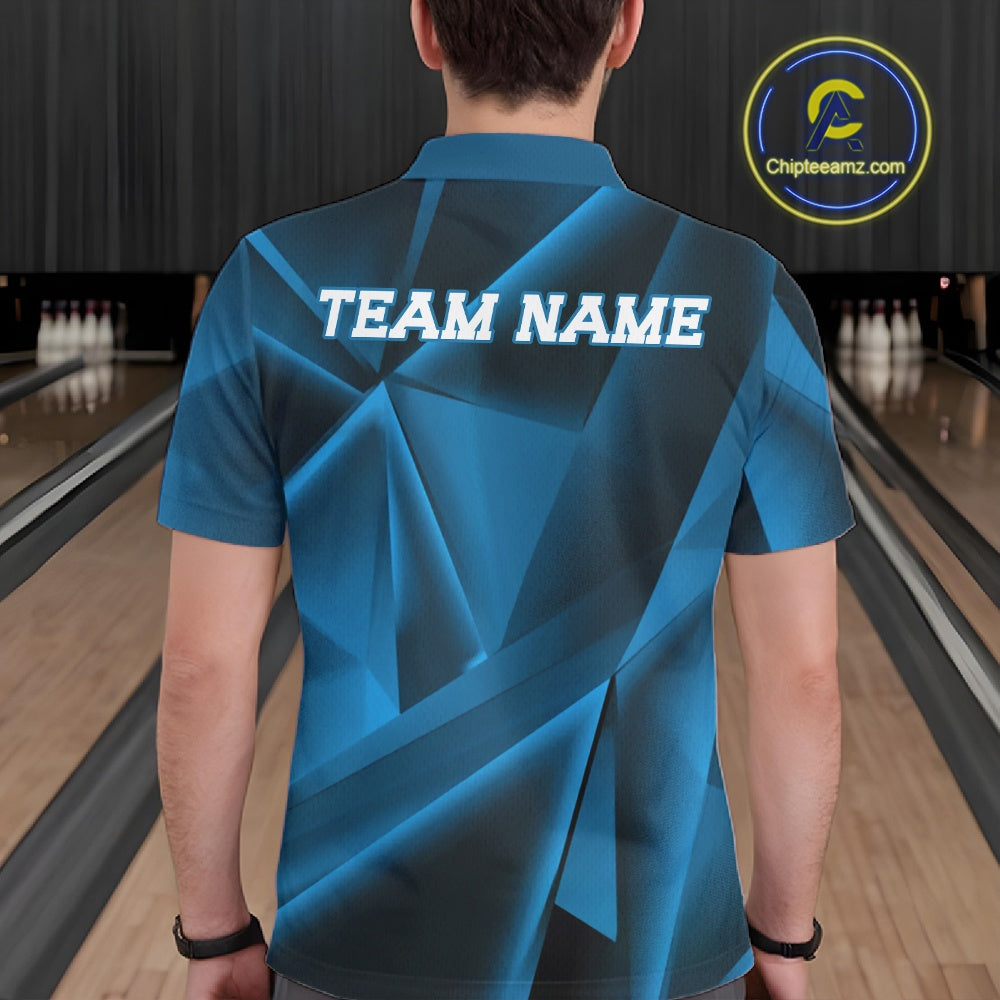 Person wearing a blue bowling shirt with 'TEAM NAME' on the back in a bowling alley.