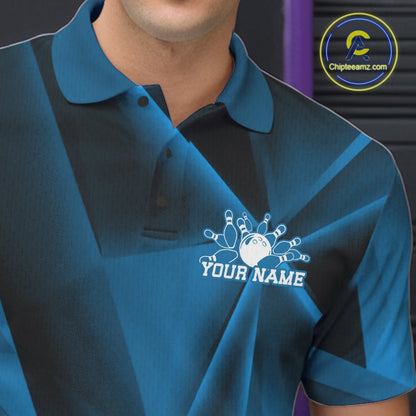 Blue and black polo shirt with a bowling design and 'Your Name' text on a dark background.