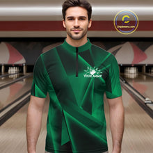 Load image into Gallery viewer, Man wearing a green bowling shirt with a logo and text in a bowling alley.
